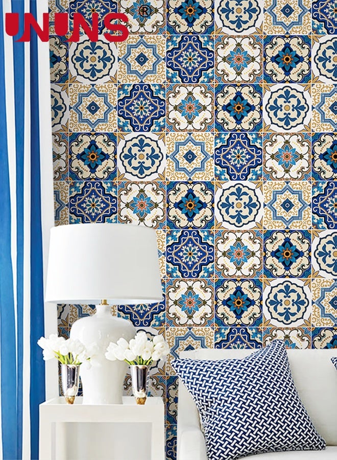 UNUNS 40CMx10M Boho Wallpaper,Self-Adhesive Peel and Stick Wall Stickers,Tile Waterproof Oil Proof Removable wallpaper for Bathroom & Kitchen Backsplash,Blue - Image 1